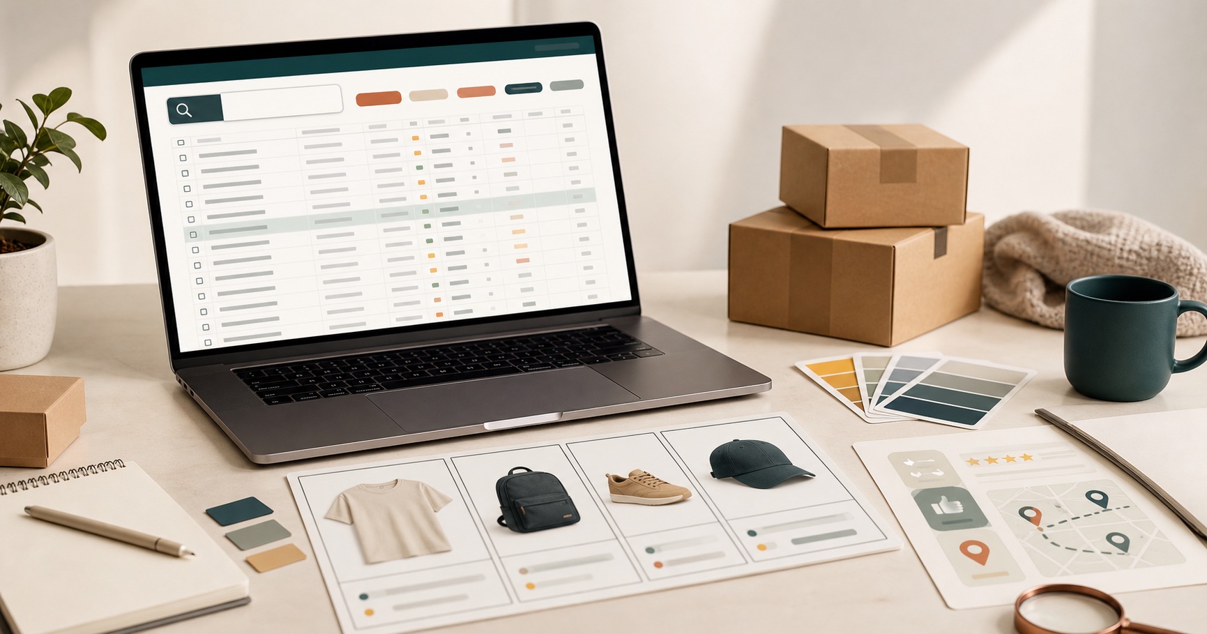 Spreadsheet product research desk with category cards, parcels, and comparison notes.